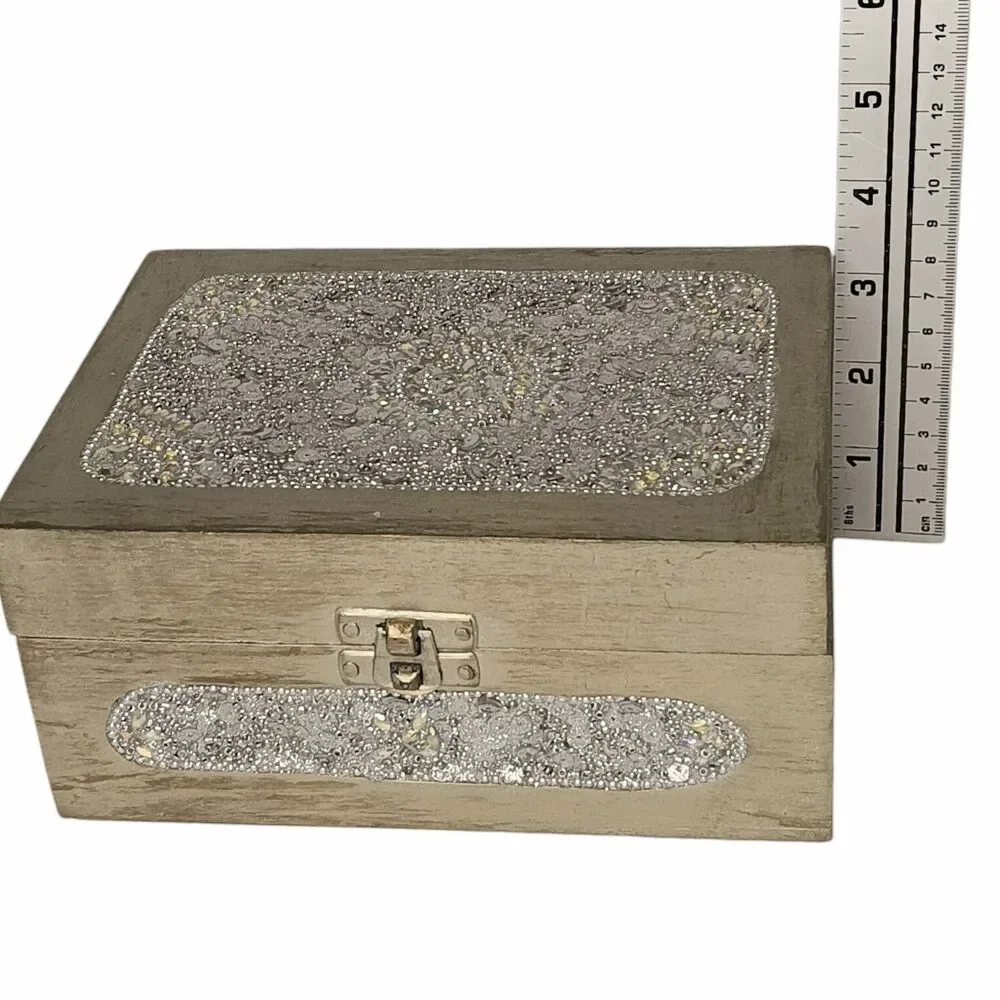 Sparkly Jewlery Box Silver With Sequins & Rhinestones Lightweight Wood 7 x 5 x 3
